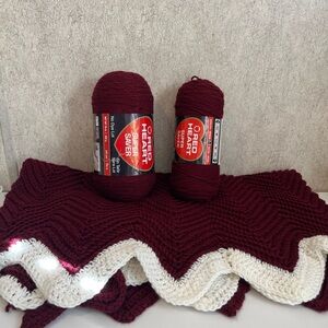 Red Heart Yarn Bundle Maroon and Crochet Afghan Blanket Set 30x53
